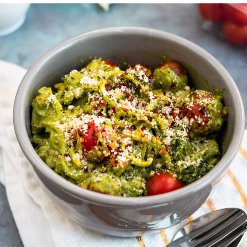 whole wheat broccoli pesto pasta with cherry tomatoes